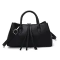 Elegant black pebbled leather tote bag with long tassels and adjustable shoulder strap. - Tassel Style / Black