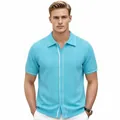 Men's sky blue hollow-out knit polo cardigan with white contrast piping - M / Tops / Blue