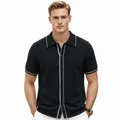 Men's black hollow knit polo shirt with white contrast stitching and short sleeves. - M / Tops / Black