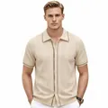 Men's hollow knit short sleeve polo cardigan in apricot with contrast piping detail - M / Tops / Apricot
