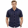 Men's vertical stripe knit polo shirt with short sleeves and button-down collar - M / Tops / Navy Blue