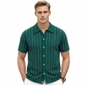 Men's premium dark green vertical stripe knitted polo cardigan with short sleeves - M / Tops / Green