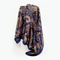 Elegant 90cm square satin scarf with navy and orange paisley print - 90x90cm / Dark Blue (D9045)