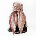 Copper brown paisley print satin silk square headscarf for women, 90cm large variant - 90x90cm / Caramel (D9498)