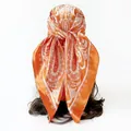 Orange paisley print satin square headscarf 90cm for women vintage retro style - 90x90cm / Orange-Yellow (D9498)