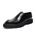 Premium black glossy leather Oxford shoes with thick lug sole and brogue detailing - Black