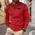 Detailed view of red casual men's long-sleeve Polo shirt featuring a black dot print - Burgundy