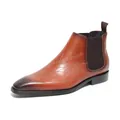 Elegant brown genuine leather men's Chelsea boots with square toe and laser-etched detail - 37 / Yellow Brown
