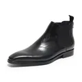 Black men's leather Chelsea boots with square toe and laser engraved fashion pattern - 37 / Black