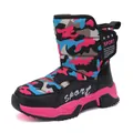 Kids warm camouflage snow boots in pink and blue with durable anti-slip rubber soles - 31 / Black/Rose Red