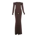 Elegant brown off-the-shoulder long sleeve slim fit maxi dress with gold buckle - S / Dresses / Coffee