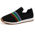 Breathable black fly-knit slip-on sneakers for women with stylish rainbow stripe details - 36 / Black