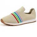 Comfortable beige fly-woven slip-on sneaker featuring vibrant colorful striped accent - 36 / Off White