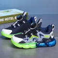 Sneakers invernali blu e verde neon per bambini con fodera calda e fibbia rotante - 28 / Blu Scuro (Superficie a Rete)