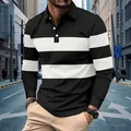 Stylish men's black and white striped long sleeve polo shirt for a casual autumn street look - S / Top (PLS-142 Long B) / Black