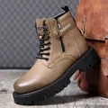 Men's brown high-top Martin boots featuring side zipper and thick black lug sole - 38 / Gray