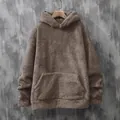 Cozy brown oversized men's coral fleece hoodie featuring front pocket and warm hood - S / Tops / Camel