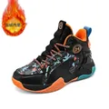 Boys' basketball shoe with warm fleece lining and orange/blue camouflage details - 31 / Black and Orange (Warm Lined)