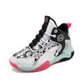 Boys' high-top basketball shoes with warm fleece lining in white pink and mint green. - 31 / White Black (Fleece Lined)