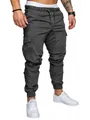 Detail view of dark gray men's cargo joggers with drawstring waist and elastic cuffs - Dark Gray