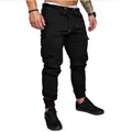 Men's solid black cargo jogger pants with elastic cuffs and drawstring waist - S / Bottoms / Black