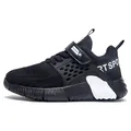 Atmungsaktive schwarze Mesh-Laufschuhe für Jungen mit Klettverschluss, Alter 6-12 - Schwarz Weiß Stil (bbx999)