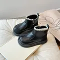 Girls' black leather boots with lace trim and side zipper, stylish autumn winter footwear - 21 (12.9cm) / Black (Fleece Lined)