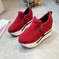 Stylish red women's high platform wedge canvas sneakers with functional side zipper - 35 / Red