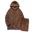 Heren oversized bruine koraalvlies hoodie en korte broek set voor ontspannen vrijetijdskleding - S / Boven- En Onderstuk / camel