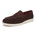 Classic dark brown men's suede penny loafers with stylish white slip-on rubber sole - 40 / Coffee