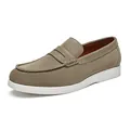 Elegant men's suede penny loafers in taupe grey with contrast white rubber thick sole - 40 / Khaki Green