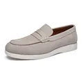 Men's British style suede loafers in light grey slip-on design with a durable white sole - Elephant Gray
