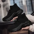 Breathable black high-top fly-knit sneakers featuring a chunky platform sole for women - 35 / Black