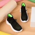 Women's black high-top knit sneakers with neon green lining and white thick sole - 35 / Black Green