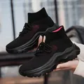 High-top breathable fly-knit casual sneakers in black with pink accents for women - 35 / Black Red