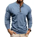 Front view of men's blue long-sleeve cotton Henley shirt with gray collar detail - Blue