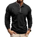 Close-up view of men's cotton long sleeve henley t-shirt featuring buttoned neckline. - S / Tops / Black