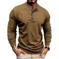 Close-up detail of men's brown long-sleeve Henley shirt with contrast collar and buttons - S / Tops / Khaki