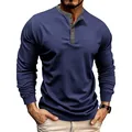 Close-up detail of a men's navy blue long-sleeved Henley shirt with button collar. - Sapphire Blue