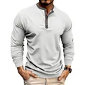 Detailed view of a white long-sleeved Henley shirt for men with a grey button placket - S / Tops / White