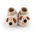 Detailed view of plush winter baby booties featuring a cute brown dog face design - Insole Length 11cm / Apricot Dog (6192-1) / Apricot