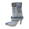 Bottines à talons hauts en denim avec revers effet jean délavé et bout pointu élégant - 35 / Bleu