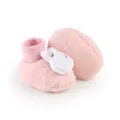 Close-up of soft pink plush baby booties with a cute white cartoon animal head - 13cm / Pink Rabbit Style (6192-2)