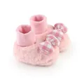 Detailed view of soft pink plush baby walker shoes with a checkered bow ornament. - Insole Length 11cm / Pink Bowknot (6192-8) / Pink
