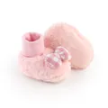 Detailed close-up of soft plush pink baby booties with a cute checkered bow decoration. - 13cm / Pink Bowknot Style (6192-8)