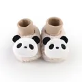 Close-up of adorable 3D panda face on plush fleece-lined baby winter walking shoes - Apricot Panda (6192-5)