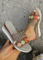 Bohemian wedge sandals with colorful floral embroidery and textured jute platform soles. - Brown Floral