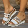 Stylish white wedge sandals with woven straps and hemp rope platform sole, high quality. - White Faux Leather Mesh
