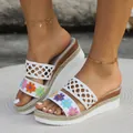 Women's floral embroidered platform wedge sandals with woven straps and bohemian rope sole - White Flower