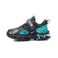 Elegantes zapatillas negras para niño con detalles cian, zapatos de running de piel para niños - 28 / Azul Negro